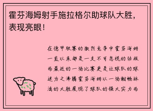 霍芬海姆射手施拉格尔助球队大胜，表现亮眼！